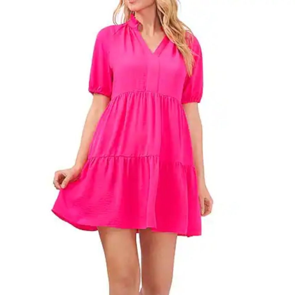CeCe Ruffle Mock V-Neck Tiered Mini Youth  Babydoll Pink Dress Women's Size М